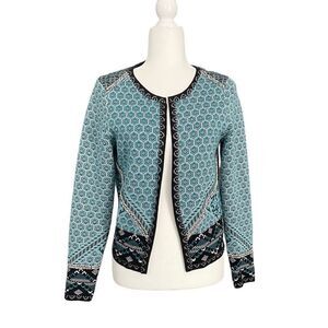 Surkana Woven Open Front Cardigan Blue Black White Size Small